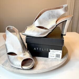 Ateliers Downy Silver Leather Slingback Peep Toe Heels Portugal Women's 39 US 9